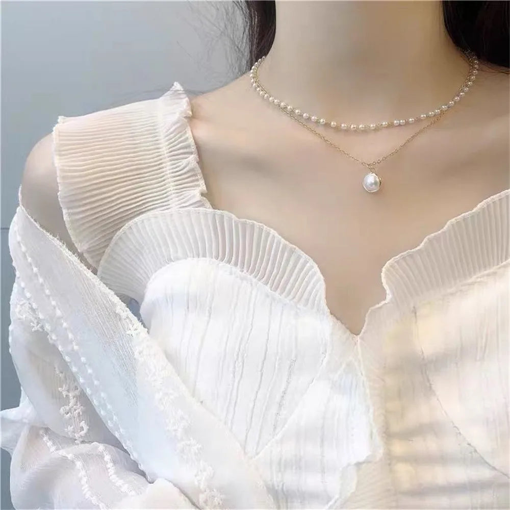 Vintage Pearl Choker Necklace for Women - Elegant Double Layer Pendant