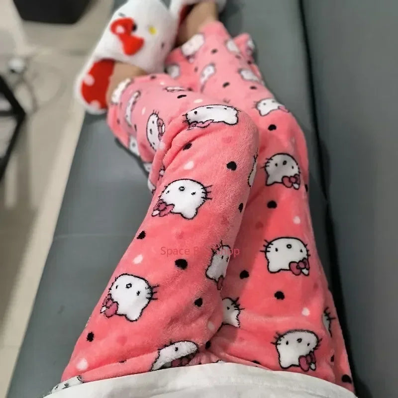 Hello Kitty Fleece Pajama Pants for Women – Thicken Anime Trousers, Ideal for Gifting