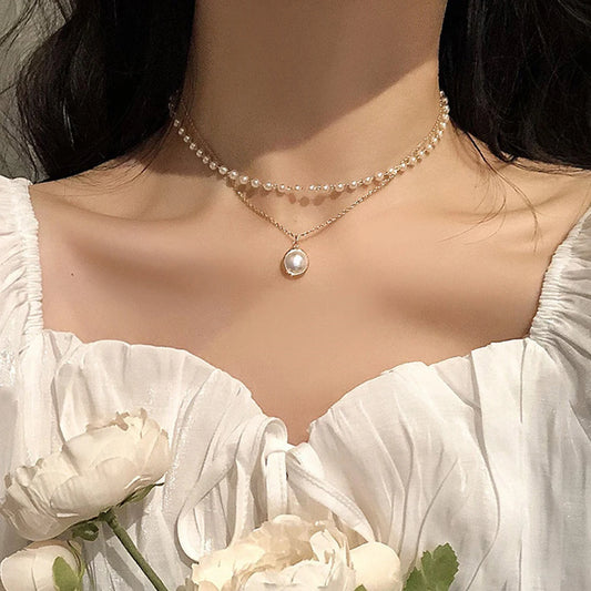 Vintage Pearl Choker Necklace for Women - Elegant Double Layer Pendant