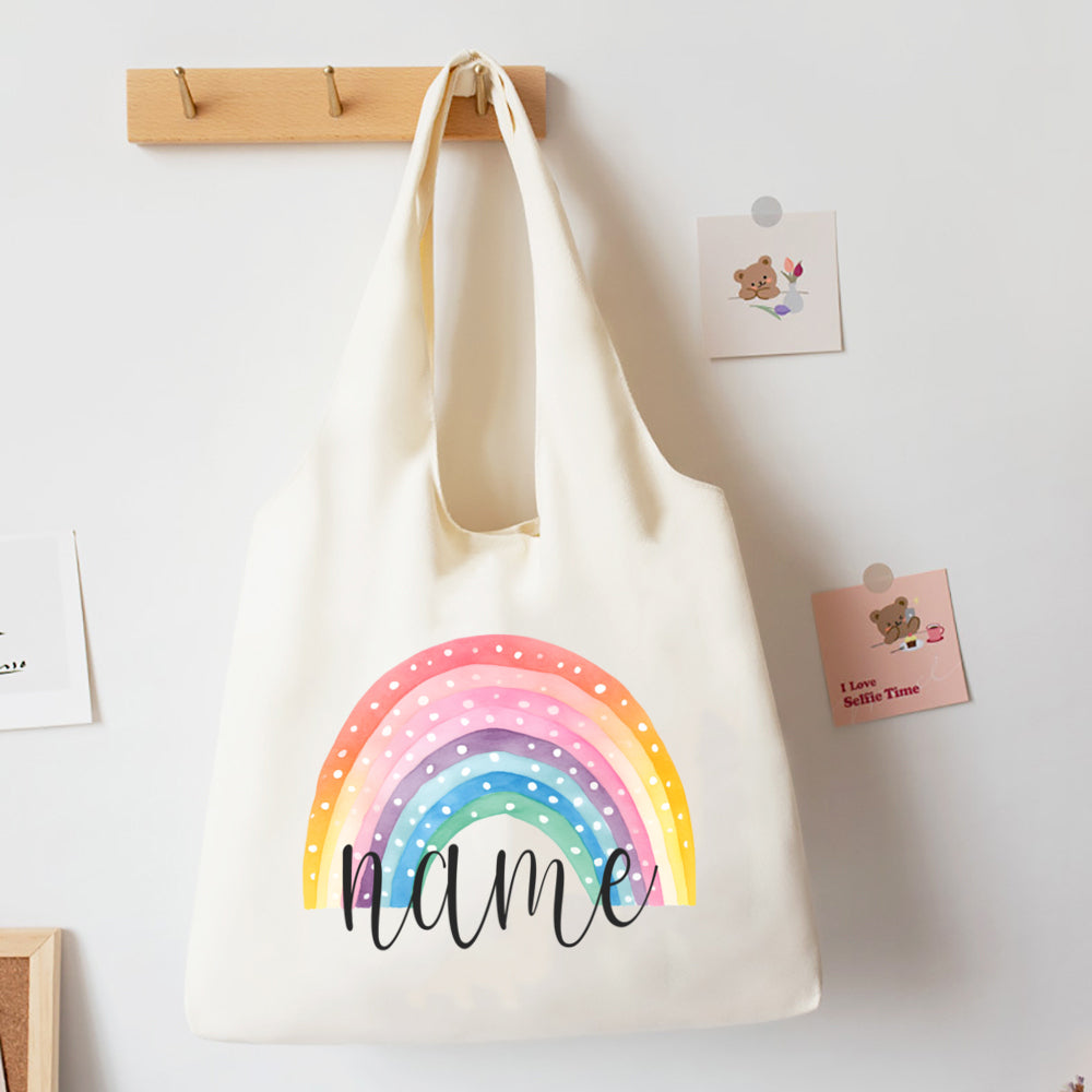 Personalised Rainbow Canvas Shoulder Bag - Custom Name Tote