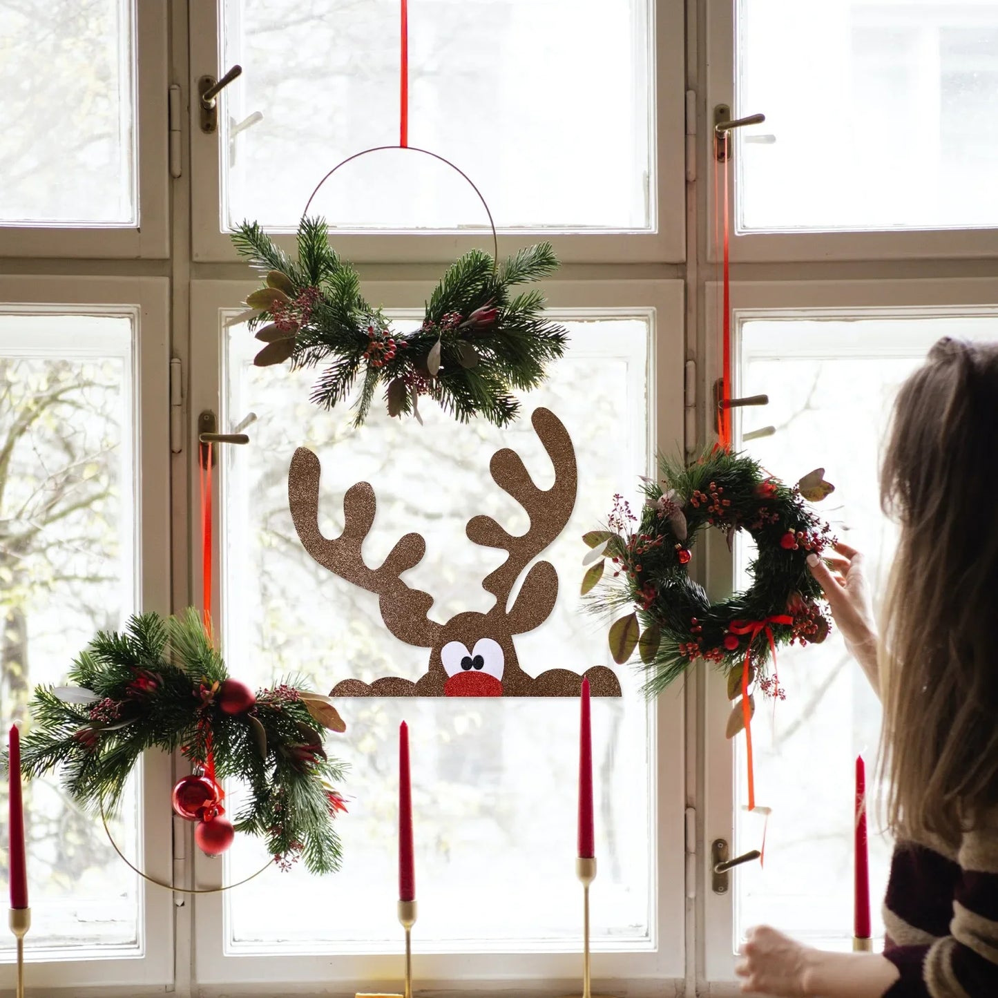 Merry Christmas Felt Window Stickers - Snowman, Santa, & Elk Decor