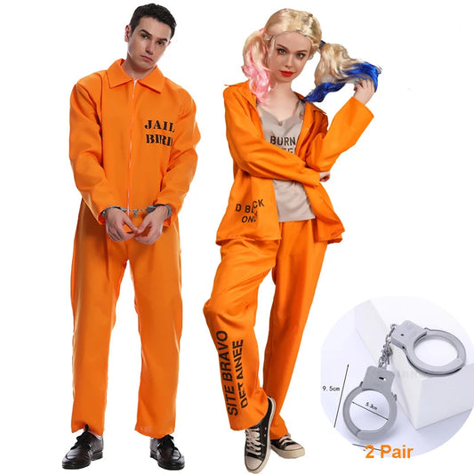 Unisex Jail Costumes - Couple Prisoner Cosplay Jumpsuits for Halloween and Parties