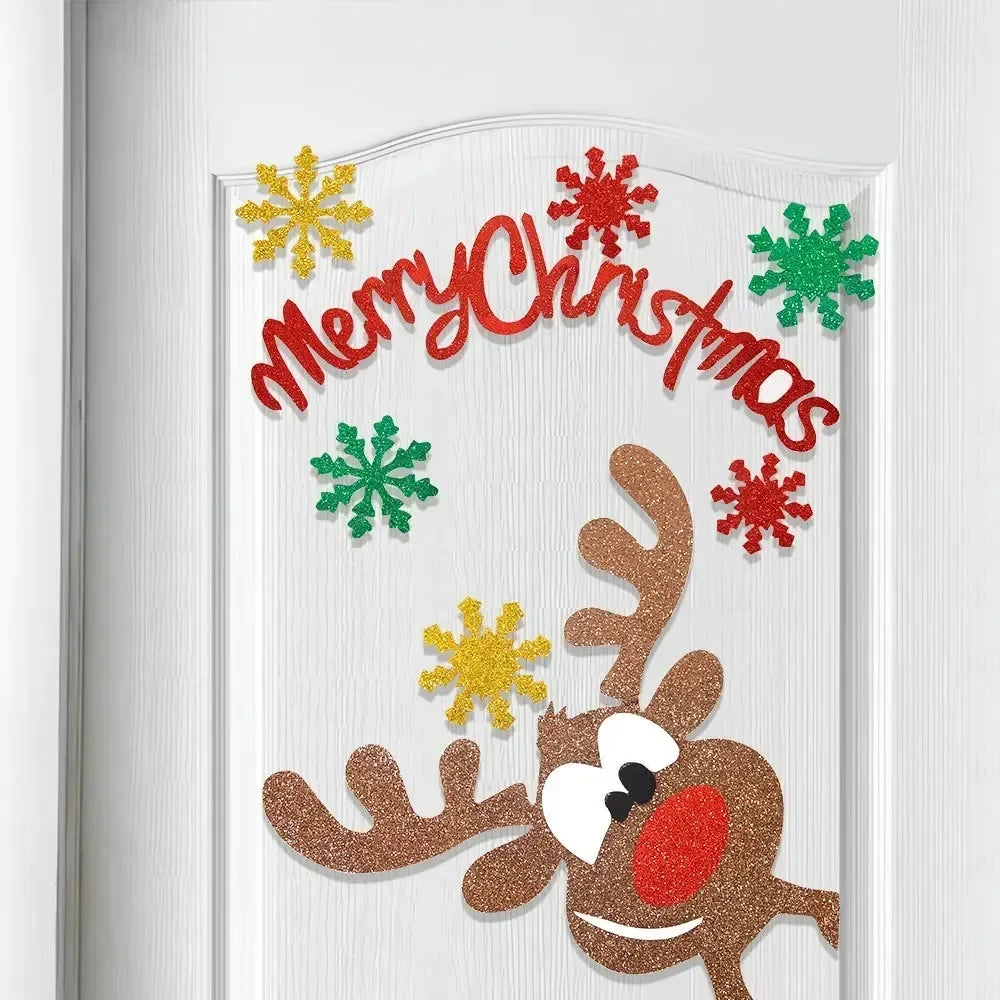 Merry Christmas Felt Window Stickers - Snowman, Santa, & Elk Decor