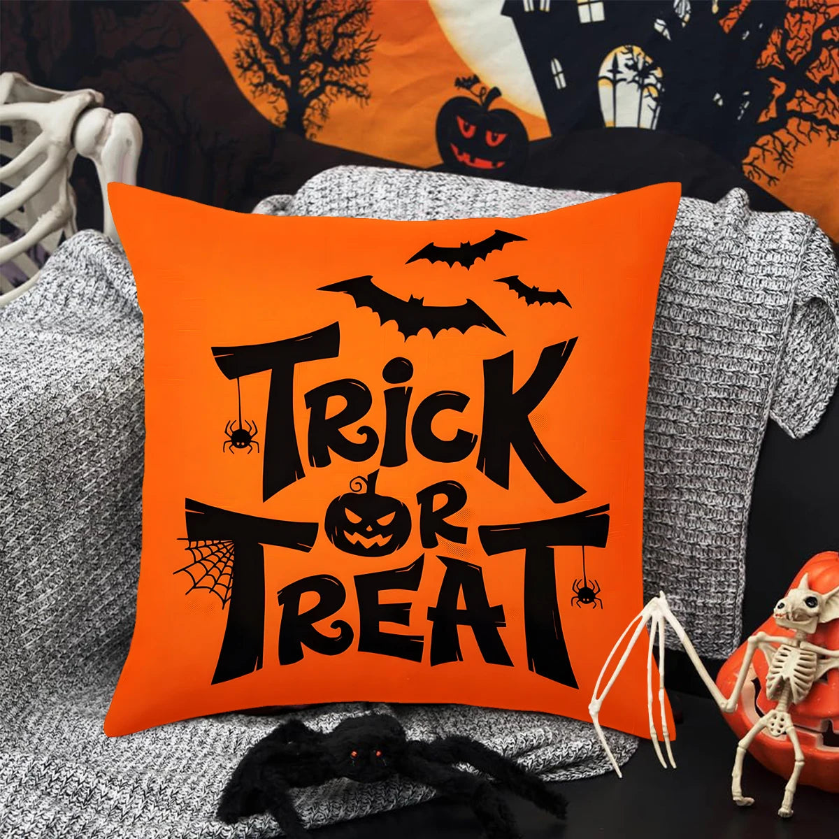 Halloween Linen Cushion Cover - Trick or Treat Theme with Cartoon Pumpkin & Ghost