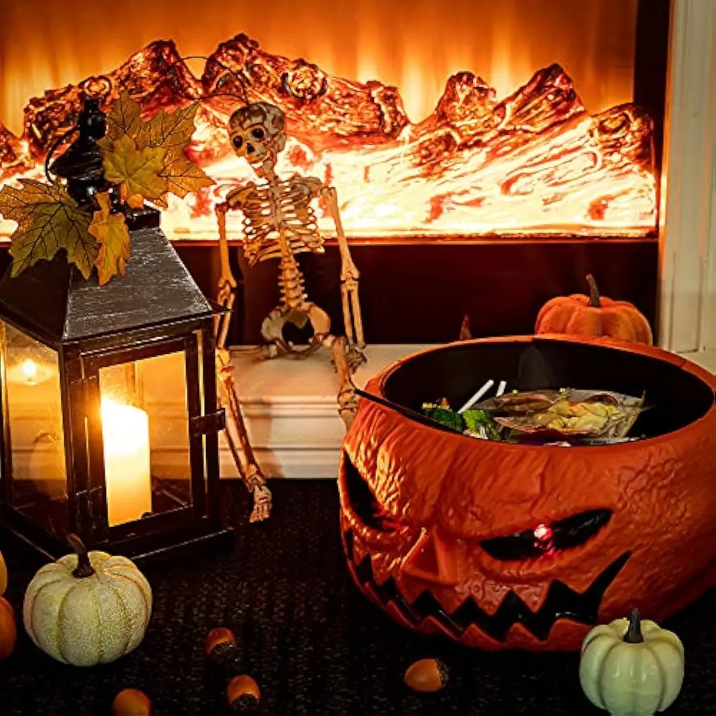 Pumpkin Candy Bowl with Animated Hand - Spooky Decoration Props, LED Eyes, Sound Effects for Haunted House, Party, Bar Table Decor