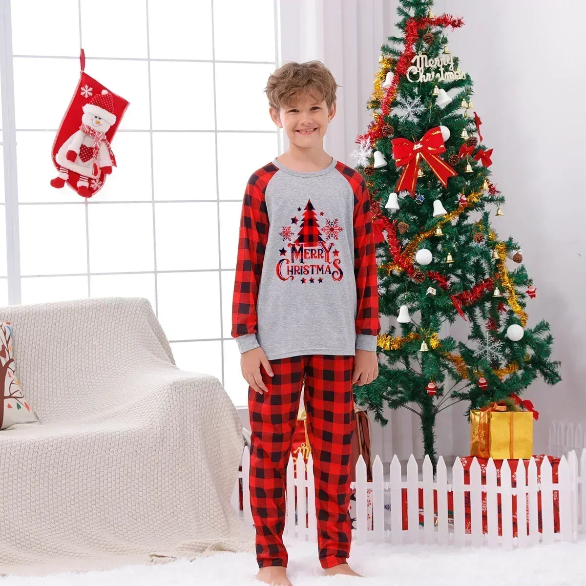 Christmas Pajamas Set for Family, Couples & Kids - Santa Tree Print Matching Outfits