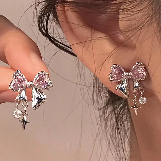 Pink Crystal Bowknot Earrings - Unique Y2K Zircon Studs for Stylish Looks