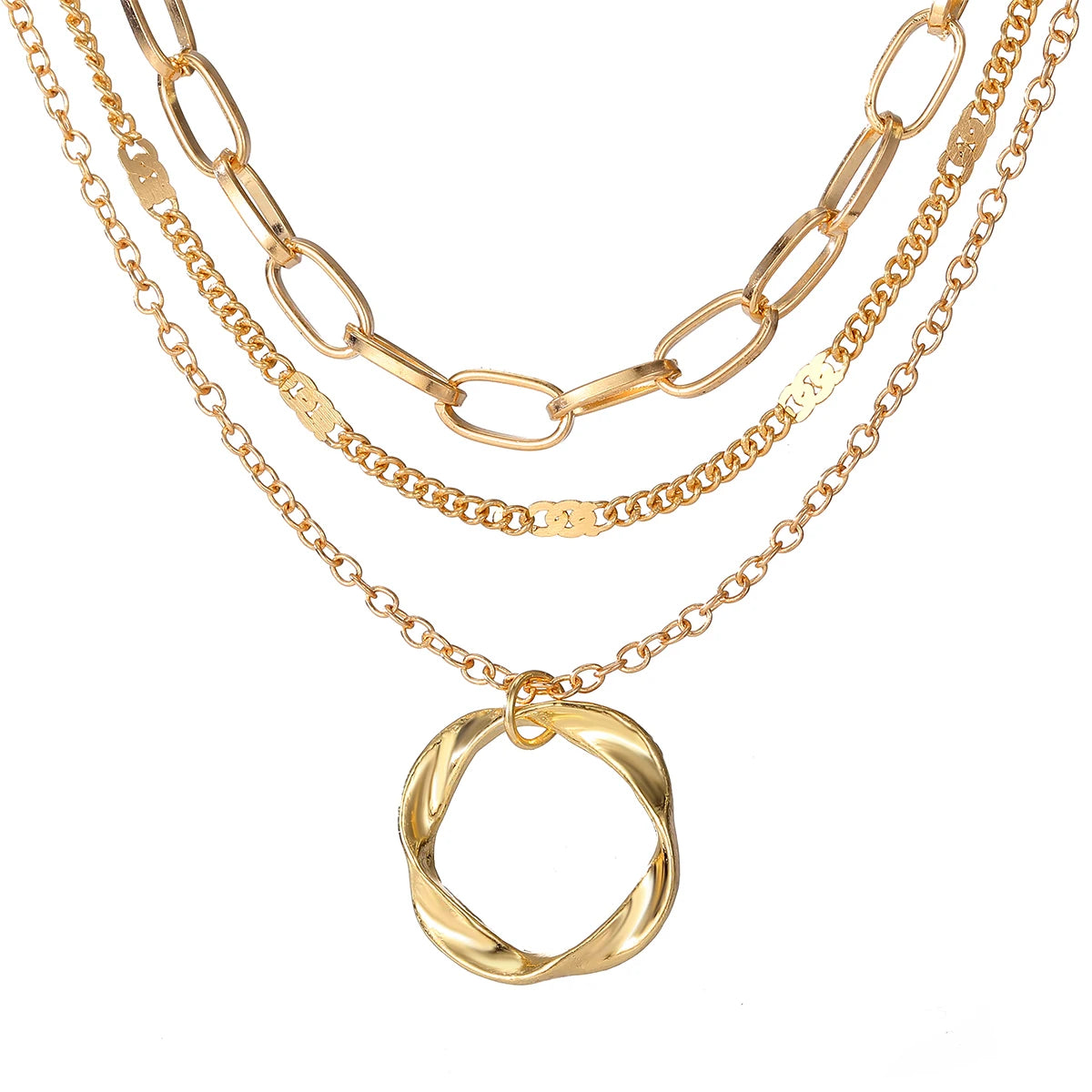 Vintage Multi Layered Gold Necklace - Circle Pendant Necklace for Women