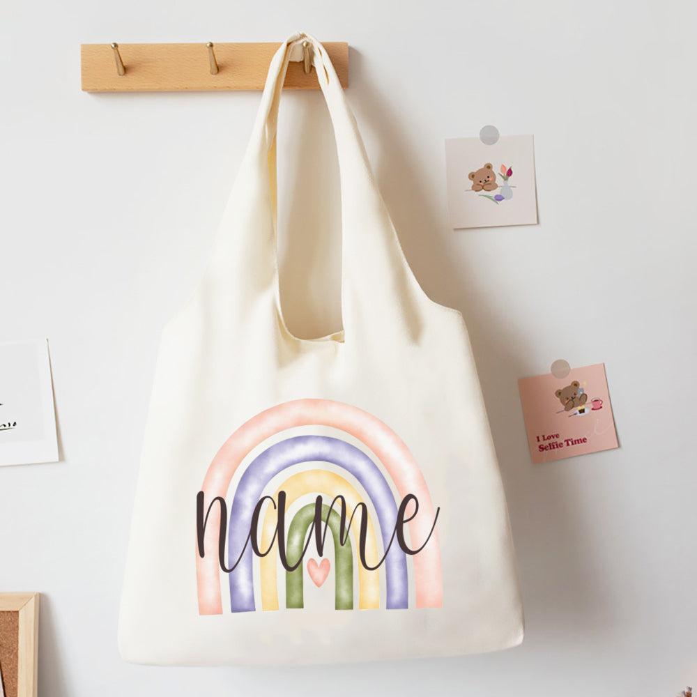 Personalised Rainbow Canvas Shoulder Bag - Custom Name Tote