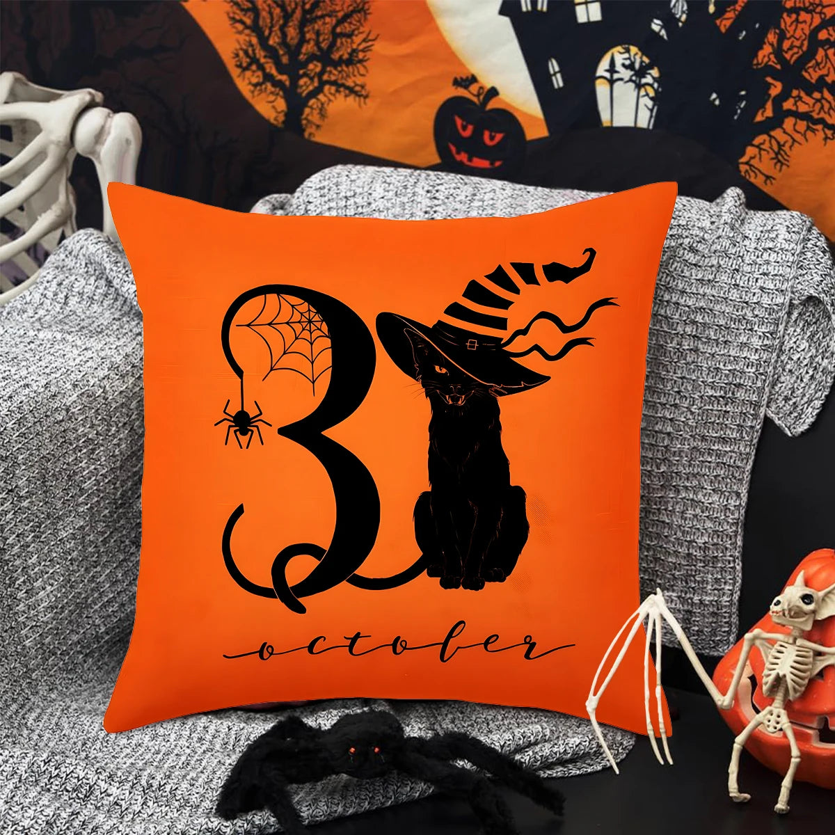 Halloween Linen Cushion Cover - Trick or Treat Theme with Cartoon Pumpkin & Ghost