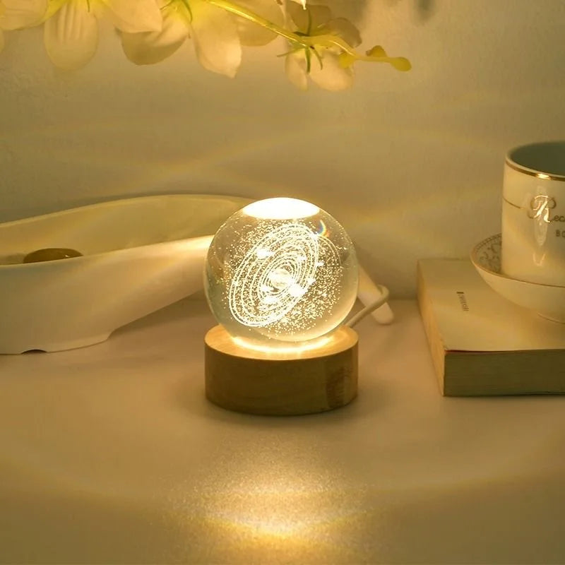 3D Crystal Ball Night Light | Glass Planet LED Light with Wooden Base, Universe Birthday Gift