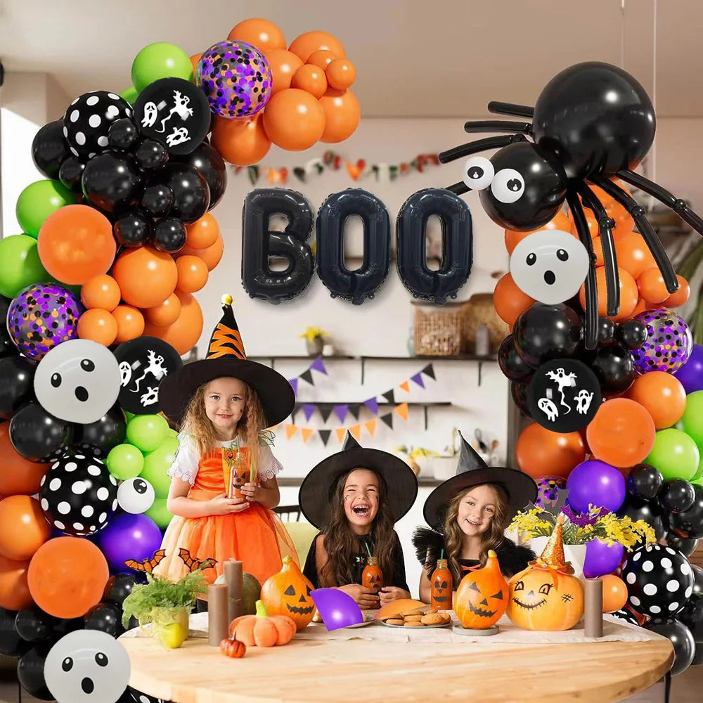 Spooky Halloween Balloon Arch Garland Kit | Black, Orange, Purple Confetti | Eye & Ghost Latex Balloons