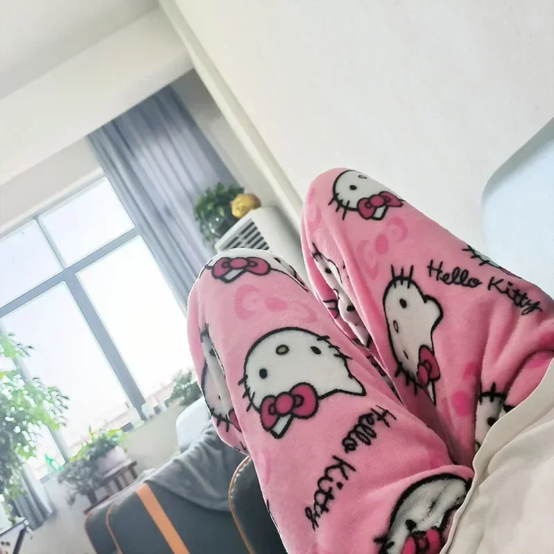 Hello Kitty Fleece Pajama Pants for Women – Thicken Anime Trousers, Ideal for Gifting