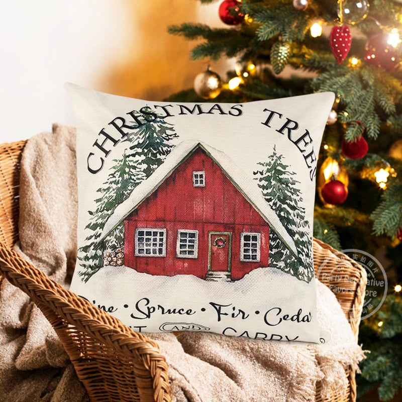 Decorative Linen Christmas Pillow Cover - Deer Tree Design