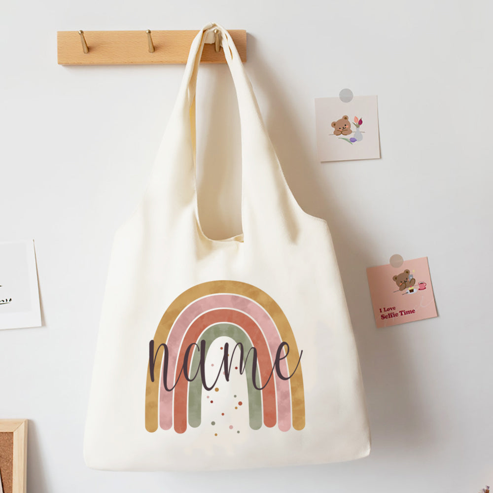 Personalised Rainbow Canvas Shoulder Bag - Custom Name Tote