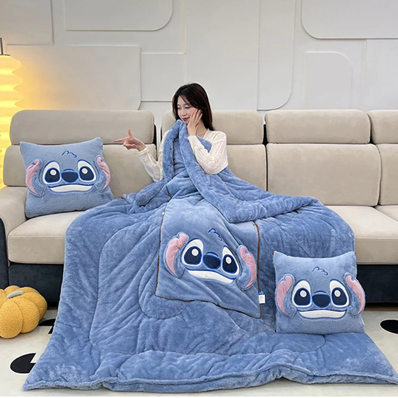 Disney Stitch Throw Pillow Blankets 2 In 1 Flannel Pillow Thickened Nap Blanket Room Decor Cushion of Rest Bedroom Decoration