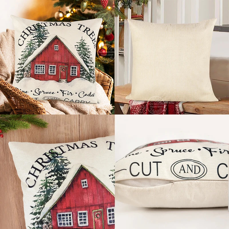 Decorative Linen Christmas Pillow Cover - Deer Tree Design