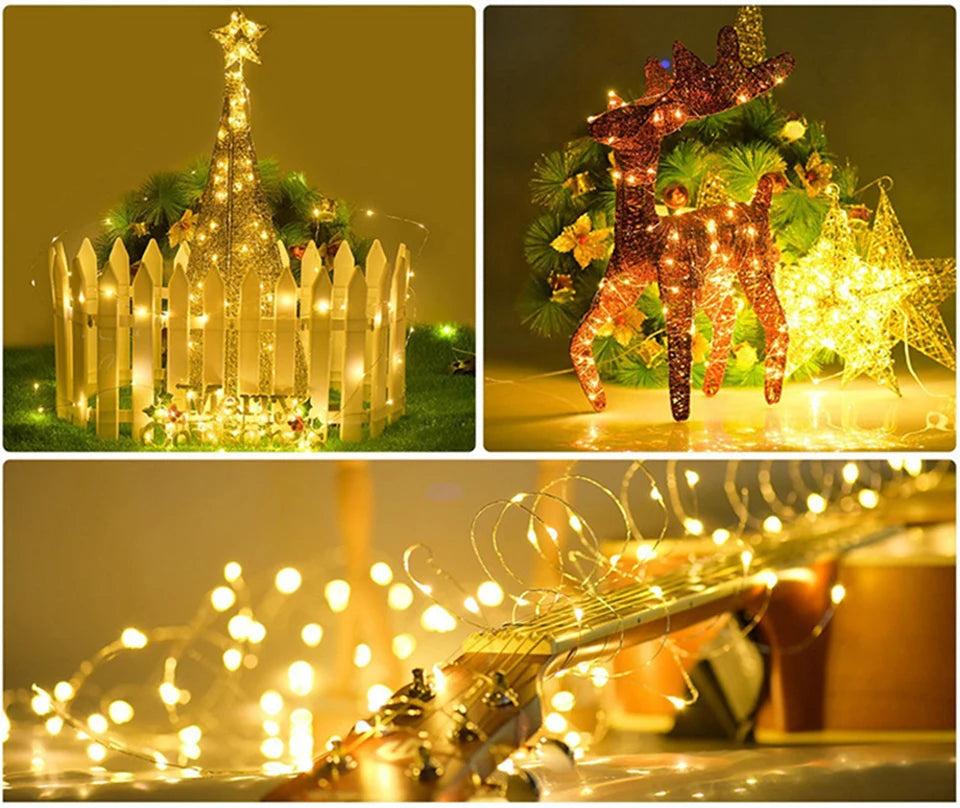 Holiday Decor with Copper Wire LED Tinsel Garland – Battery Powered for Christmas