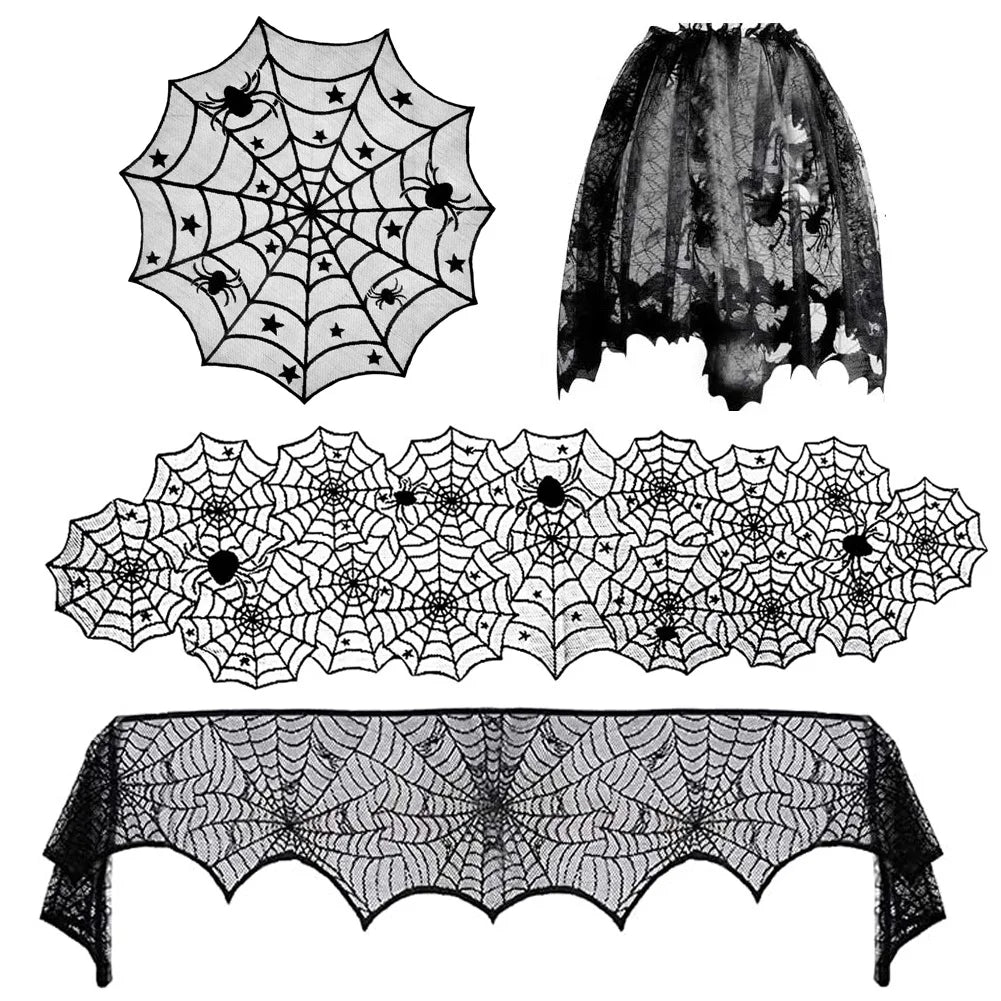 Haunted Halloween Spider Web Lace Tablecloth - Spooky Black Decor for Parties & Events