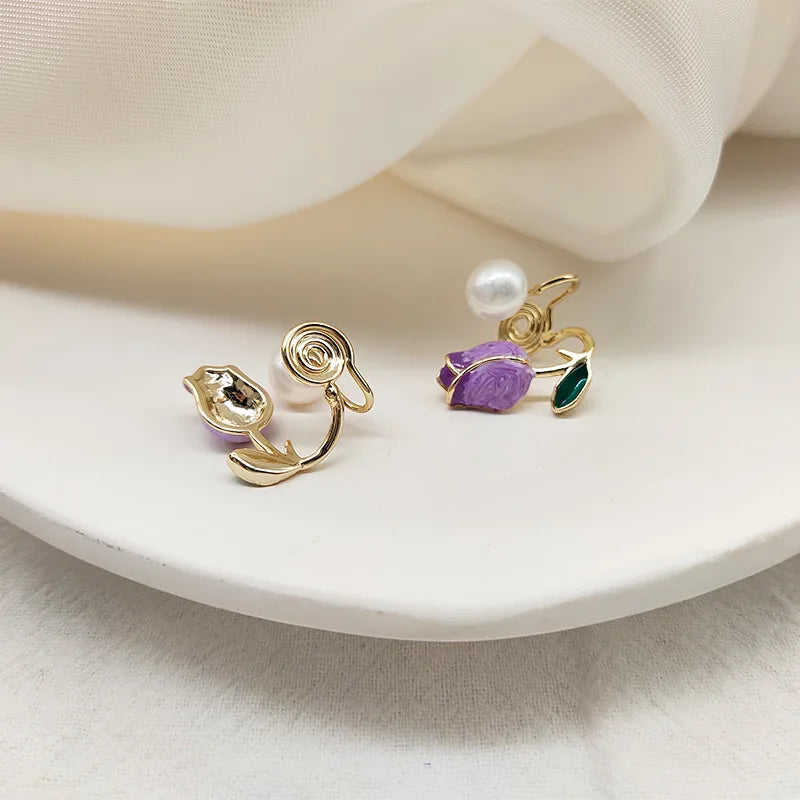 Tulip Flower Stud Earrings - Light Luxury Imitation Pearl Jewelry for Women