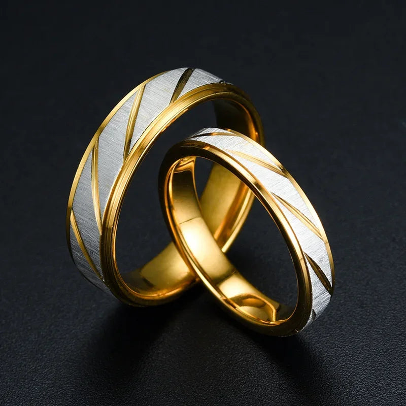 Stainless Steel Gold Color Wave Pattern Couple Ring Titanium Steel Wedding Engagement Ring Promise Ring Jewelry Gift