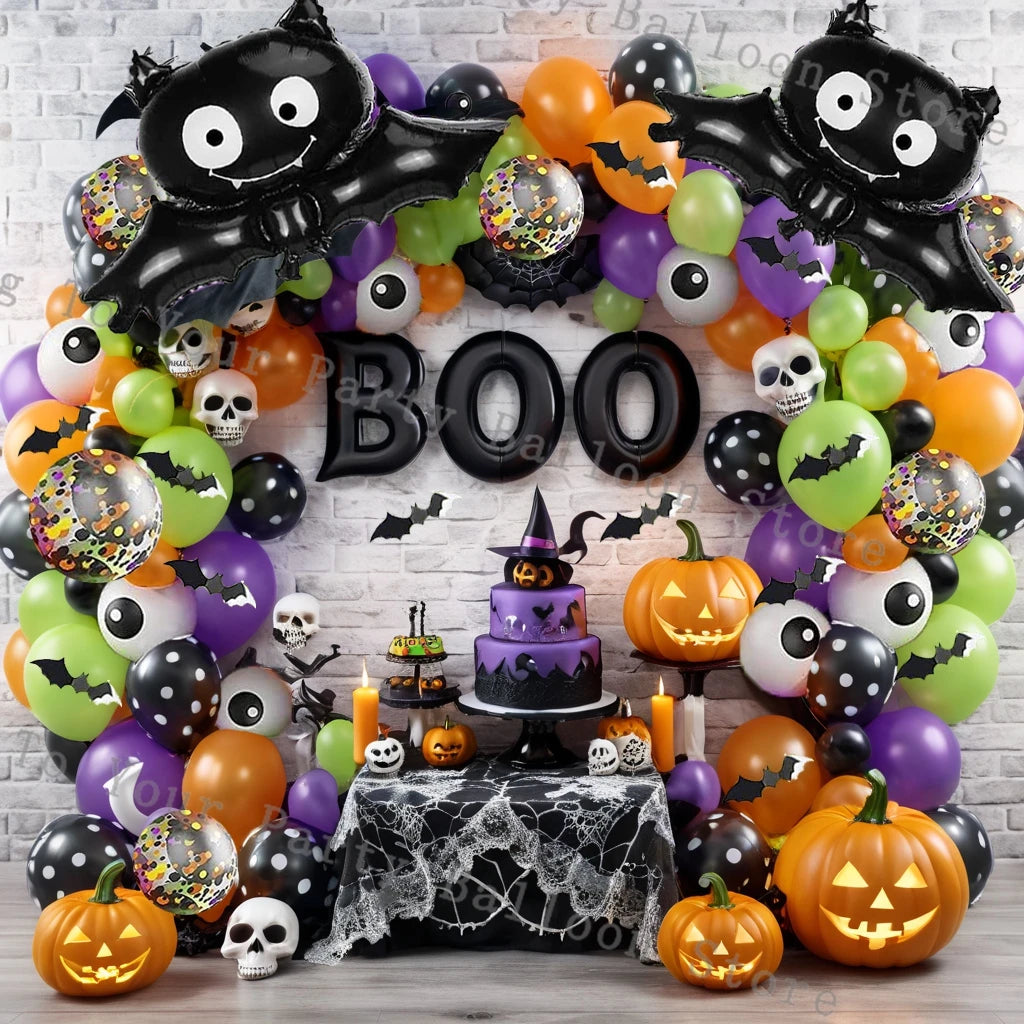 Halloween Balloon Garland Arch Kit - Skeleton & Bat Foil Balloons with Bat Stickers for Halloween Birthday Party Decor