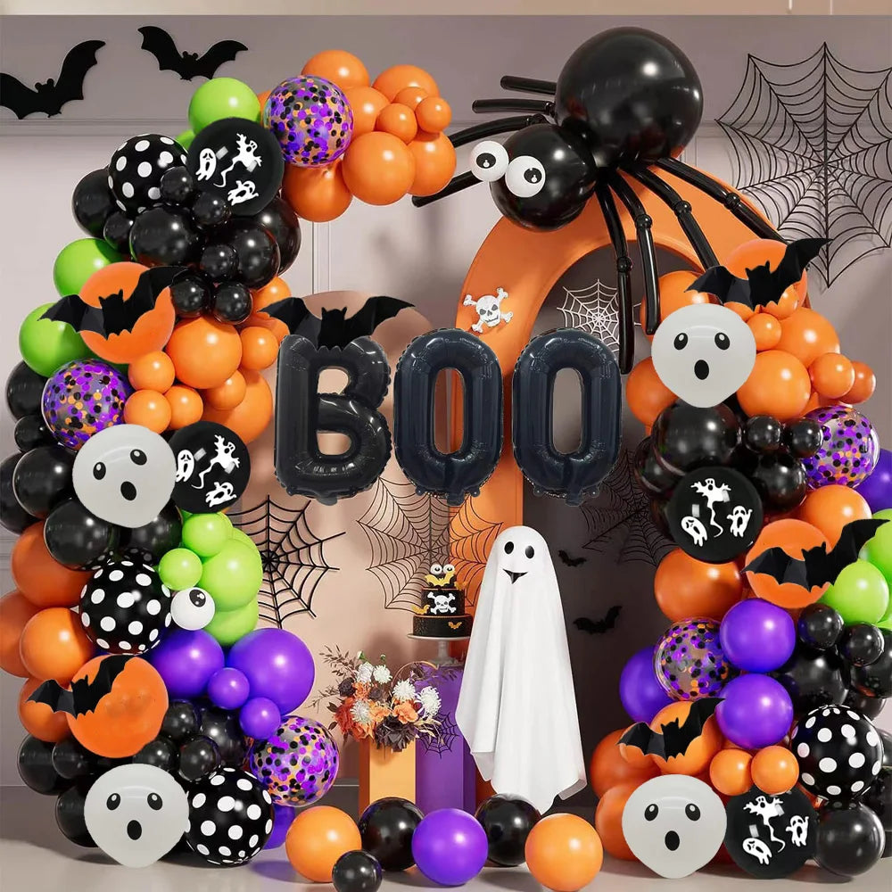 Spooky Halloween Balloon Arch Garland Kit | Black, Orange, Purple Confetti | Eye & Ghost Latex Balloons